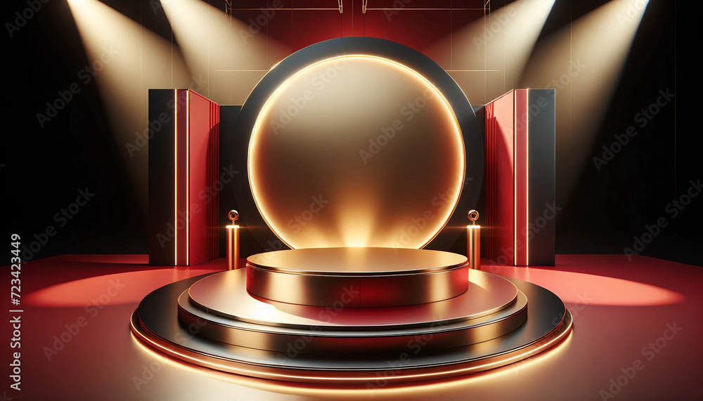 An ultrarealistic 3D-rendered image of a modern, luxury product stage. The scene features a podium set in a studio with a vibrant red background. The An ultrarealistic 3D-rendered image of a modern, luxury product stage. The scene features a podium set in a studio with a vibrant red background. The