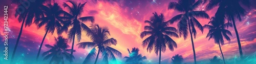 Palms silhouettes at neon sunset sky. Night landscape with palm trees on beach. Creative trendy summer tropical background. Vacation travel concept. Retro, synthwave, retrowave style. Rave party photo