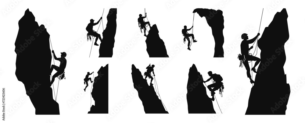People man woman rock climbing vector silhouette of indoor outdoor free climbers collection	 - obrazy, fototapety, plakaty 