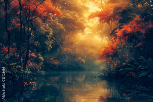 Light shines through trees in a beautiful misty landscape  in the style of exotic fantasy  dark orange and gold foliage  hyper-realistic.