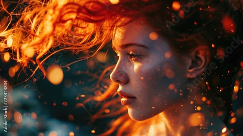 A closeup shot capturing the intensity of a womans fiery red hair as it seems to burst into flame, sparked by the glowing embers surrounding her.
