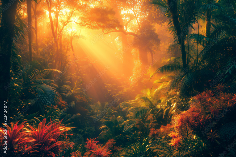 Realistic yet ethereal abstract jungle wallpaper with golden sunlight and colorful plants, in the style of epic fantasy scenes, 8k resolution, god rays, photorealistic art.