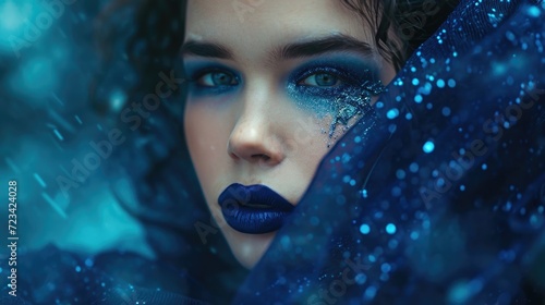 A woman with a deep blue lipstick and dark blue eyeshadow, posing with a sparkling blue scarf dd around her shoulders to represent the flow of a sapphire river in the sky. photo