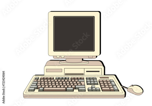 Retro computer with screen and keyboard. Computer 80-90s. Front faced. Cartoon style. Linear retro style