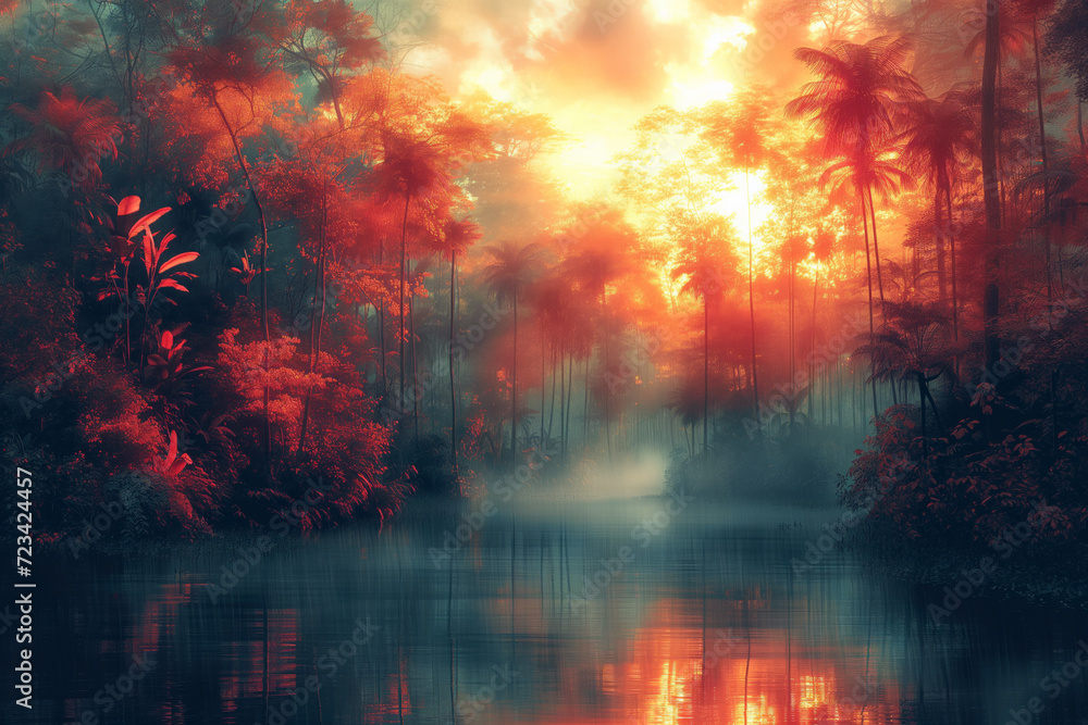 Art nature wallpaper sunset in misty tropical forest, romantic riverscape, in the style of exotic fantasy. - obrazy, fototapety, plakaty 