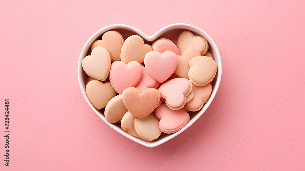 Homemade heart shaped cookies in a round plate on pink background. Valentine's Day card. Homemade heart shaped cookies in a round plate on pink background. Valentine's Day card.