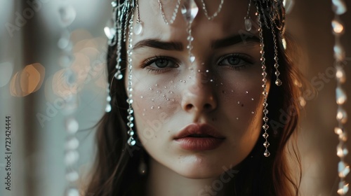 A stunning portrait of a woman with delicate crystal tear drops cascading down her , giving her an ethereal and otherworldly look.