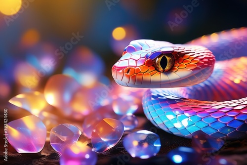 The snake is the symbol of year 2025. A cute little snake with big eyes with sparkling scales and precious stones, sparks. Calendar new year 2025.