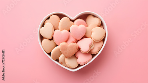 Homemade heart shaped cookies in a round plate on pink background. Valentine's Day card.