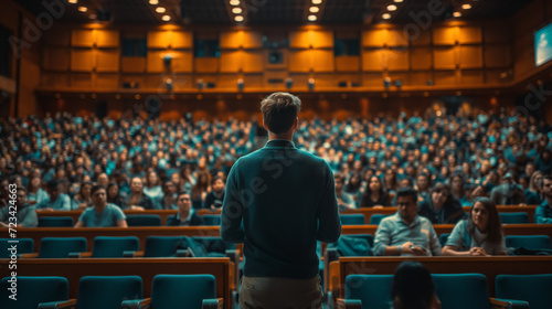 Man Standing in Front of a Packed Auditorium