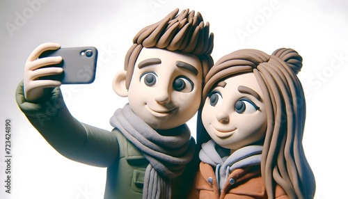 Personnage en pâte à modeler : couple faisant un selfie 