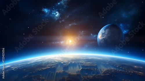 Blue space background with earth planet satellite view