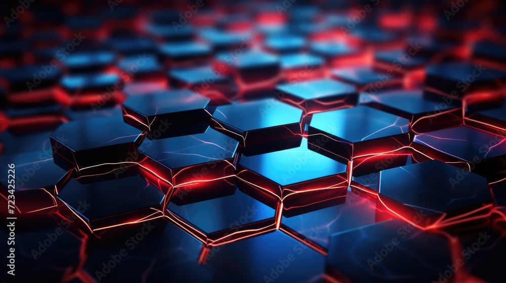Fototapeta premium Wallpaper, hexagon textured surface with red lights showing through it, in the style of light black and azure