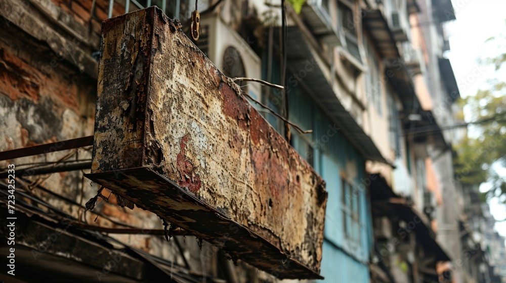 A cracked and weathered signboard hanging by a thread, showcasing the deteriorating infrastructure and lack of maintenance in poverty. A cracked and weathered signboard hanging by a thread, showcasing the deteriorating infrastructure and lack of maintenance in poverty.