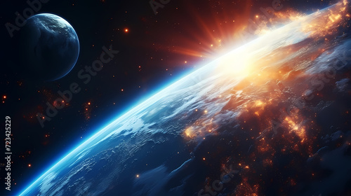 Blue space background with earth planet satellite view © Derby