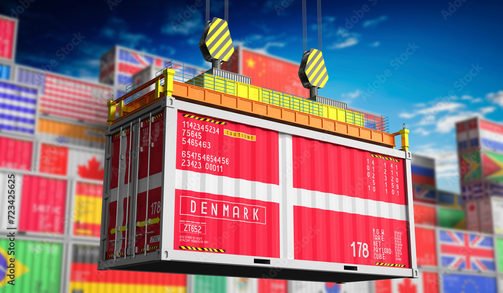 Freight shipping container with national flag of Denmark - 3D illustration - obrazy, fototapety, plakaty 