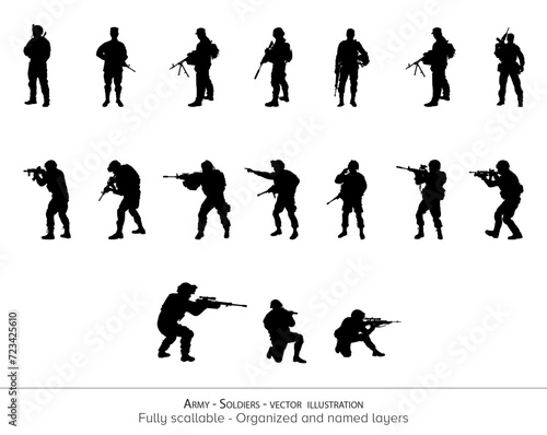 set of silhouettes of millitary men. Different poses. Army ready to attack. War silhouette. Transparent background, isolated on white background.