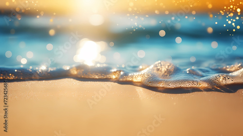Sandy beach with light blue transparent water waves and sunlight, tranquil aerial beach scene © ma