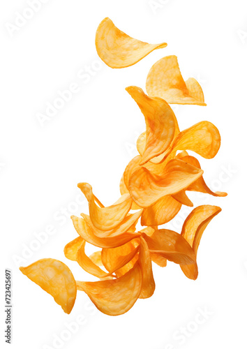 Isolated on a whiote background. Flying potato chips.  photo