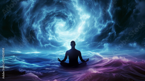 A silhouette of a man in a yoga lotus position, levitating on top of the water, facing the swirling stormy blue sky with white clouds, background banner with copy space, horizontal 16:9