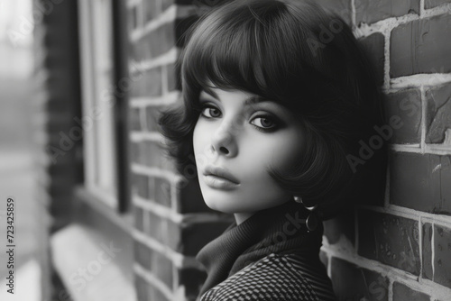 Retro Elegance: Pensive Woman in Monochrome with 60s Bob Cut