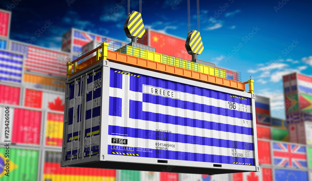 Freight shipping container with national flag of Greece - 3D illustration