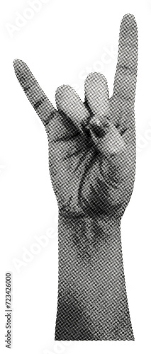 hand showing sign of the horns gesture thumbs fingers up isolated halftone texture grunge pop art style collage element for mixed media concept design
