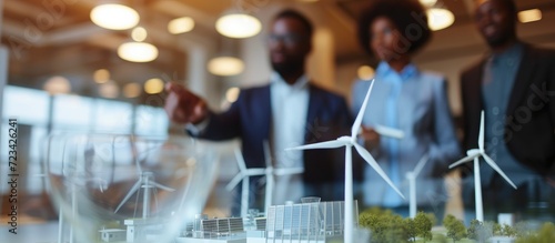 Blurred foreground frame showcases African American businessman with business partners pointing at clean energy station model. photo