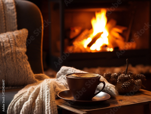 A comforting scene of a cozy fireplace with a warm cup of cocoa on a table.