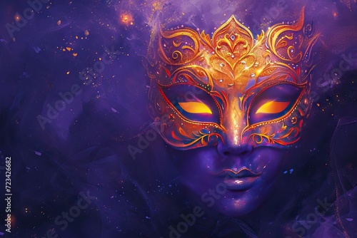 Venetian carnival mask with shiny golden streamers and glitter on dark purple background. Carnival party concept. Magic and mystery. Festive backdrop for design card, banner, flyer with copy space © ratatosk