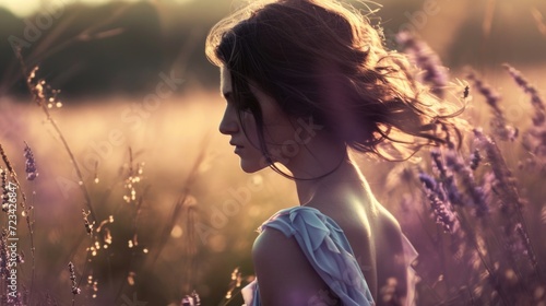 A side profile shot of a woman in a flowy lavender dress, her hair gently tousled by the soft breeze blowing through the field.