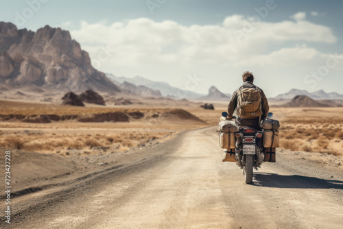 A vast desert landscape with a lone traveler on a motorcycle, evoking the spirit of adventure and the freedom of the open road. Generative Ai.
