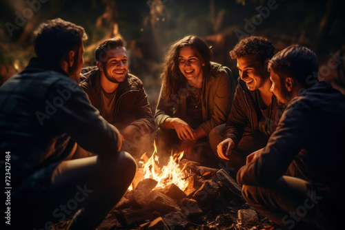 A group of friends gathered around a bonfire, illustrating the warmth and camaraderie that comes with the freedom to connect. Generative Ai.