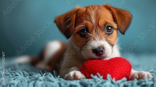 Cute lover Valentine puppy dog lying with a red heart, isolated on blue background