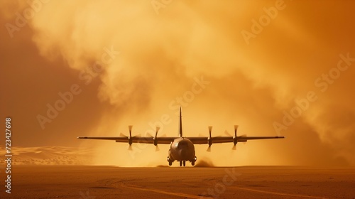 Turbulent Takeoff: Military Aircraft in Sandstorm. Generative ai photo