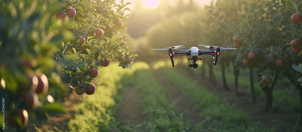 Operating a drone amidst a fresh apple orchard.