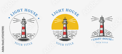 vintage Lighthouse and wave sea ocean hand drawn style design