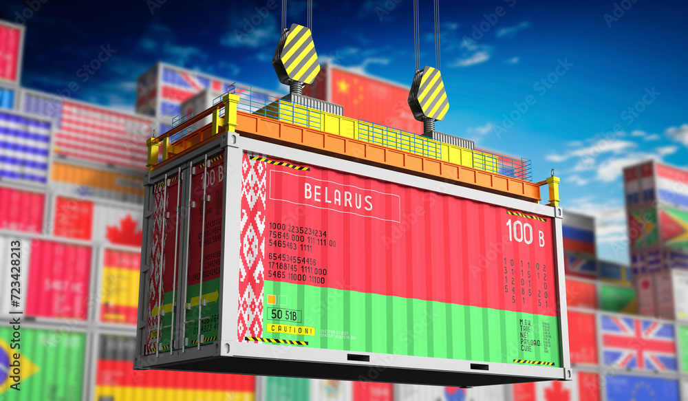 Freight shipping container with national flag of Belarus - 3D illustration