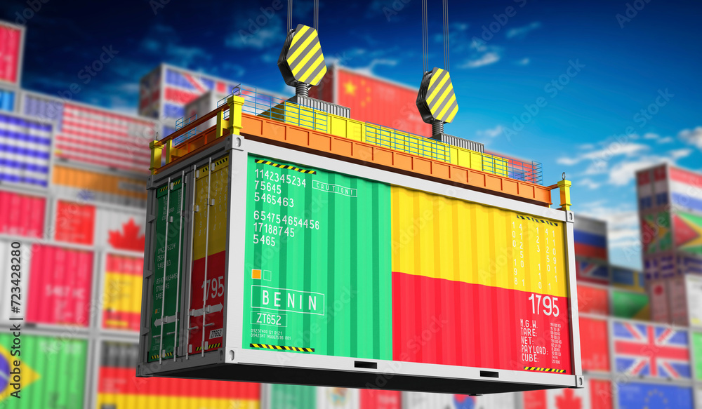Freight shipping container with national flag of Benin - 3D illustration - obrazy, fototapety, plakaty 