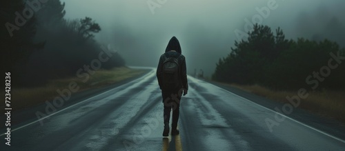 A solitary adolescent walks along a deserted road, seen from behind.