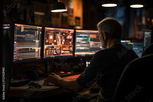 A software developer debugging code on multiple screens, showcasing the meticulous attention to detail in programming. Generative Ai.