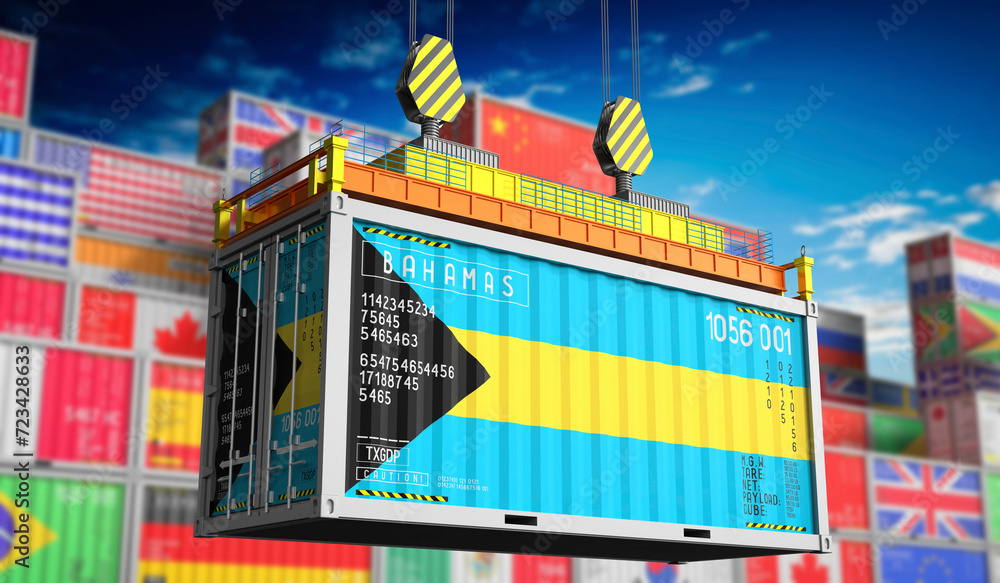 Freight shipping container with national flag of Bahamas - 3D illustration