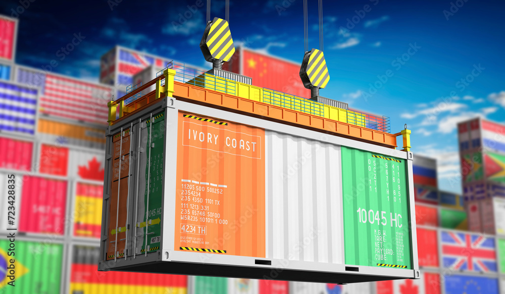 Freight shipping container with national flag of Ivory Coast - 3D illustration