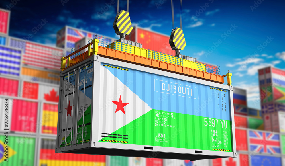 Freight shipping container with national flag of Djibouti - 3D illustration