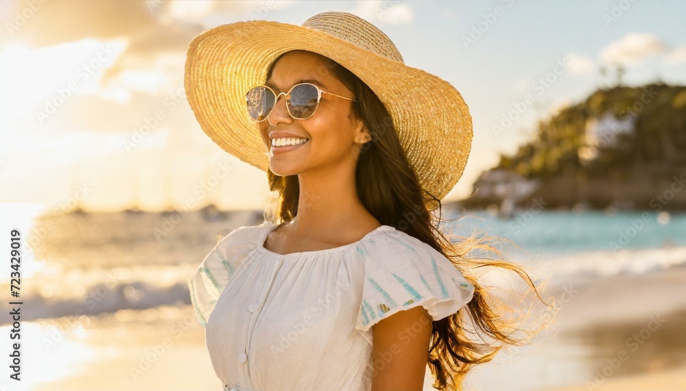 Young woman in hat and sunglasses smiling on beach, holiday travel concept