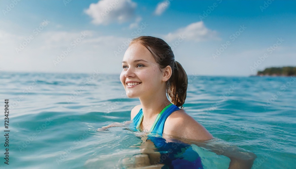 Young woman swimming in sea, swimming suit, vacation concept