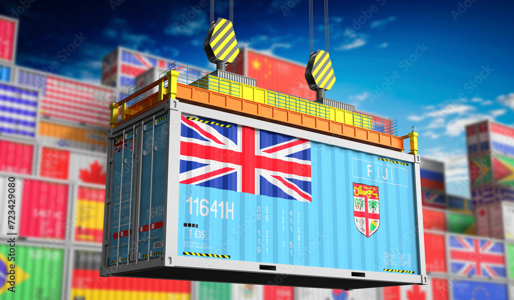 Freight shipping container with national flag of Fiji - 3D illustration
