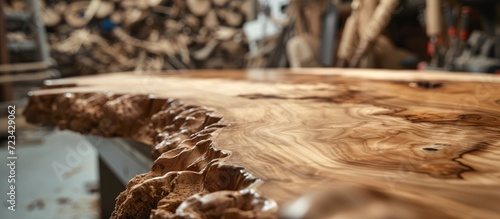 Manufacturing of live edge elm slab coffee table, focusing on woodworking production and furniture manufacture, captured in a close-up.