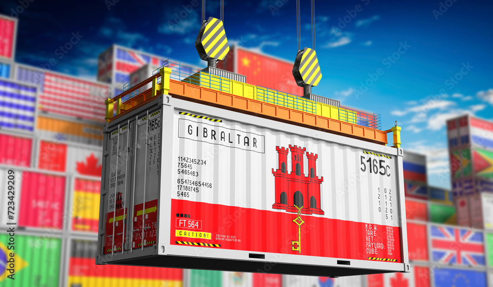 Freight shipping container with national flag of Giblartar - 3D illustration - obrazy, fototapety, plakaty 
