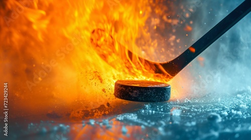 Fiery Hockey Puck Slashed by Stick on Ice. Generative ai